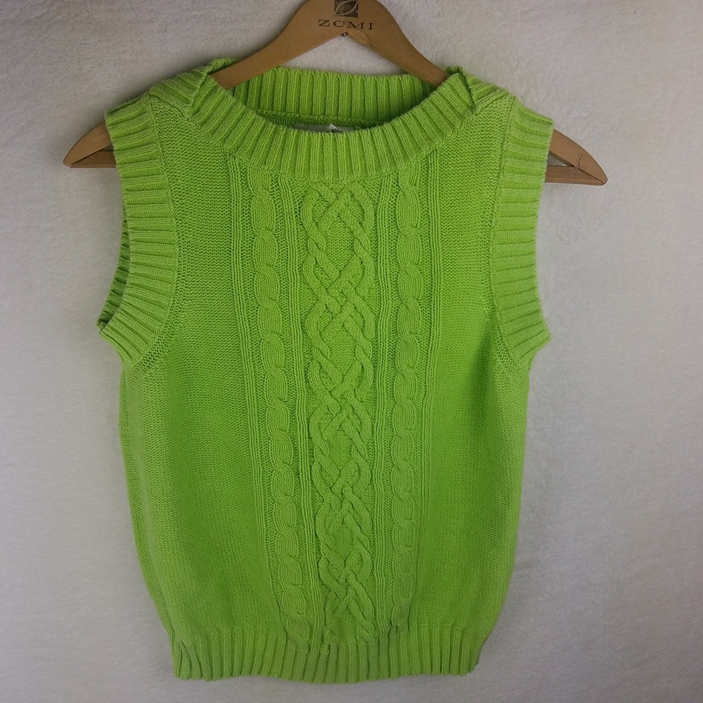 Evan-Picone Sweater Vest Women M Lime Green Cable‎ Knit Ramie Cotton preppy Y2K